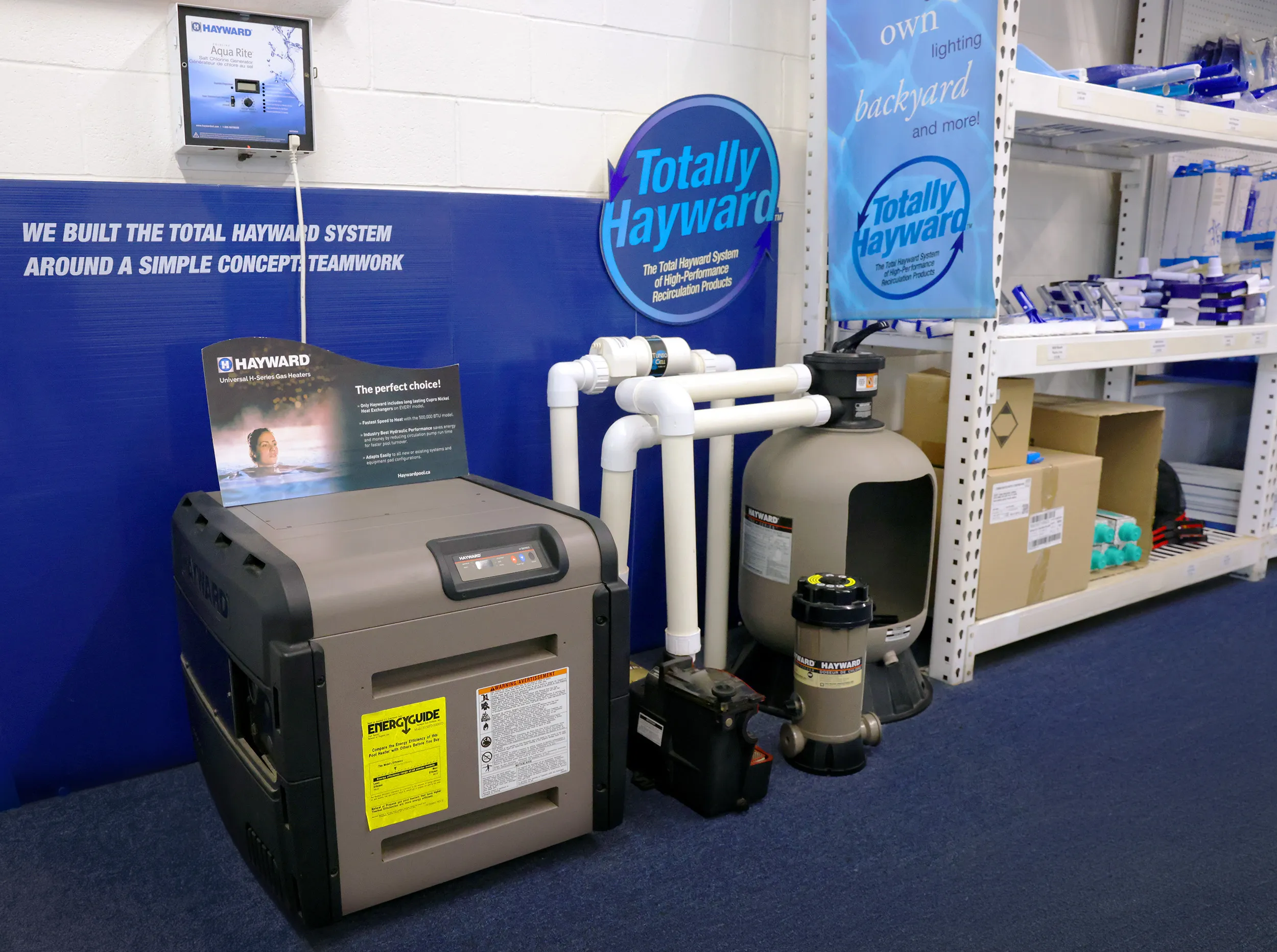 Hayward pool equipment display at the Aquascapes Store