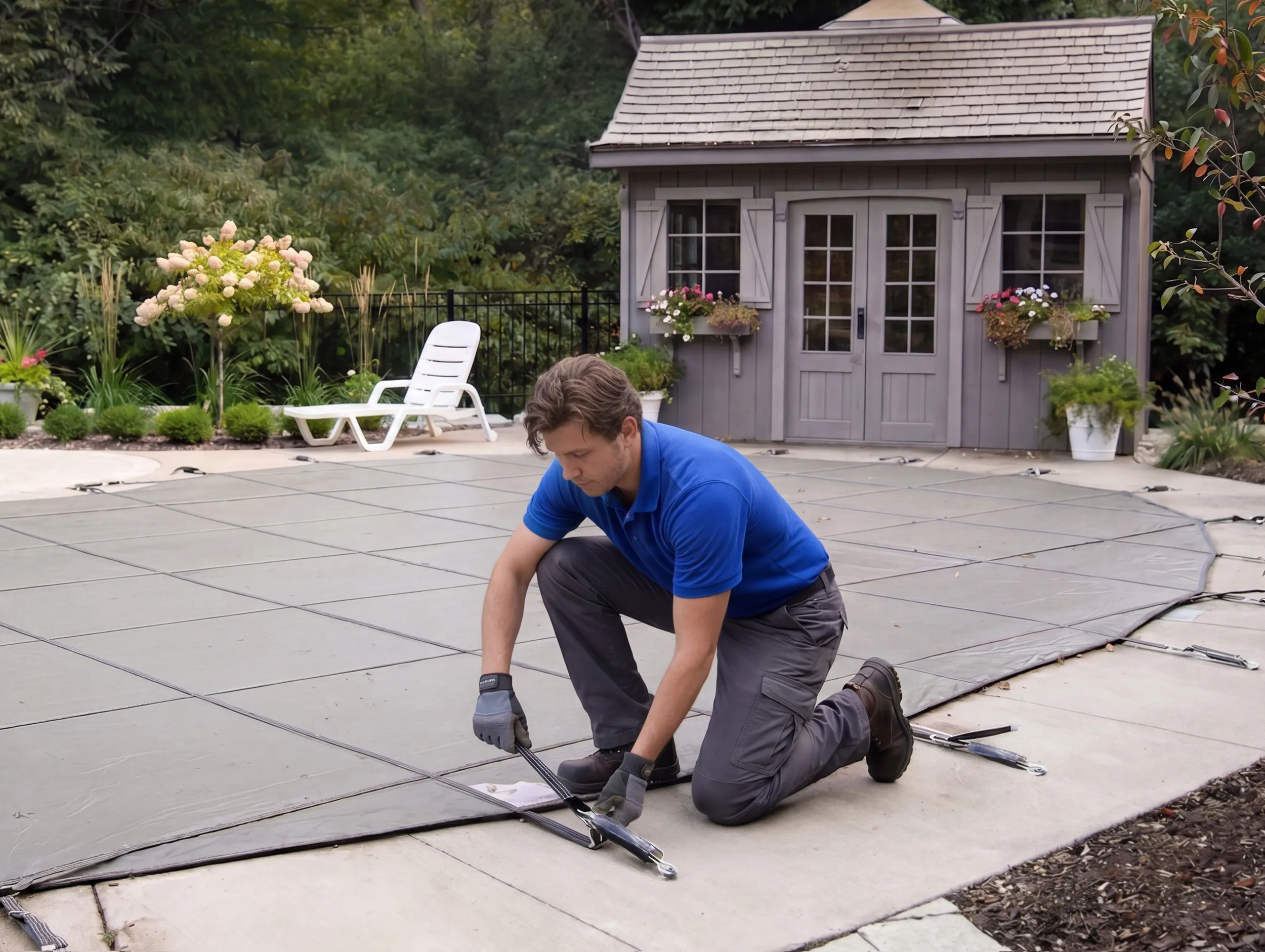 Aquascapes pool technician securing a winter safety cover — Waterloo Region