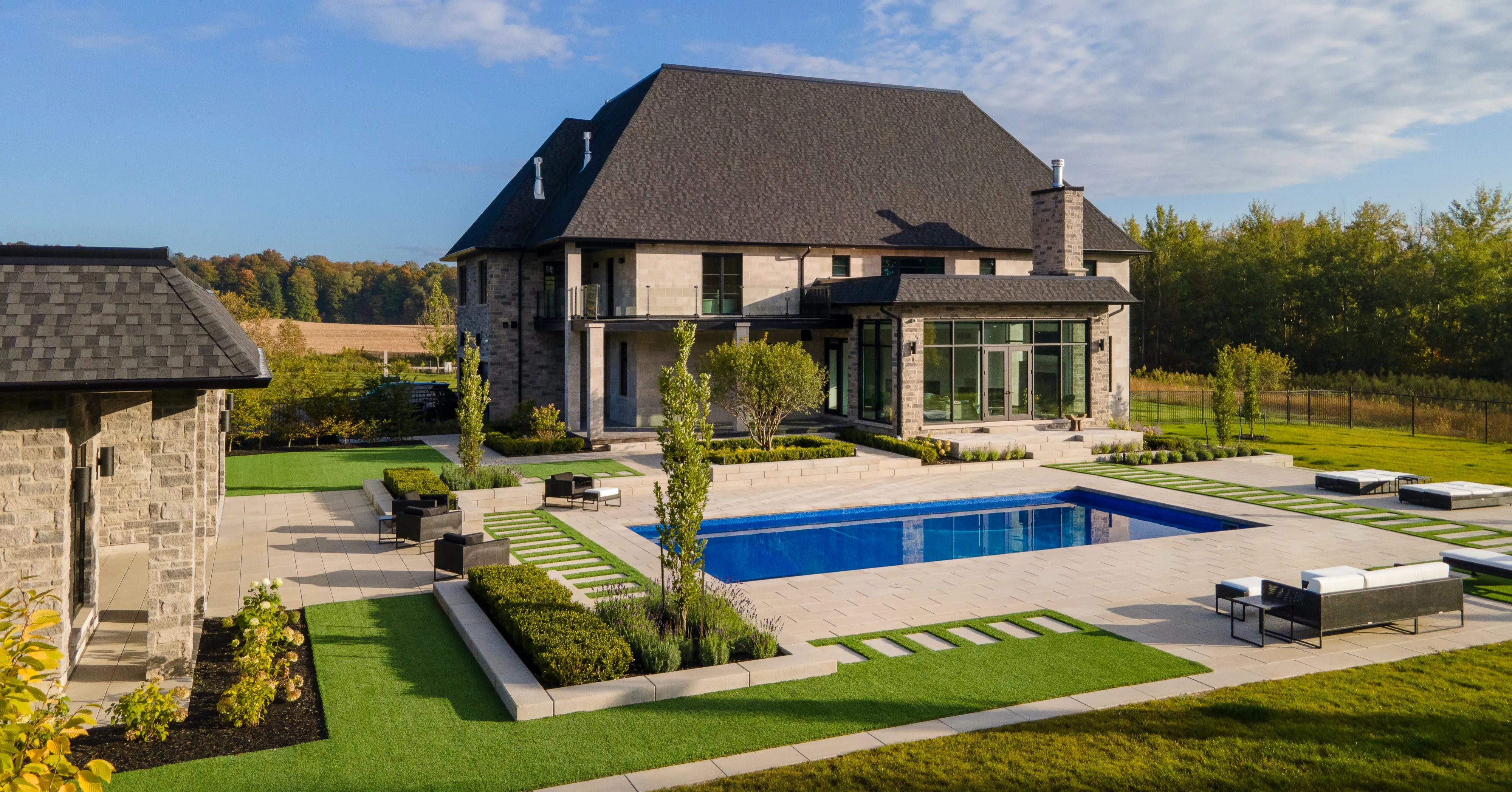Aerial view of a Waterloo Region neighbourhood pool — Aquascapes Recreational Contractors