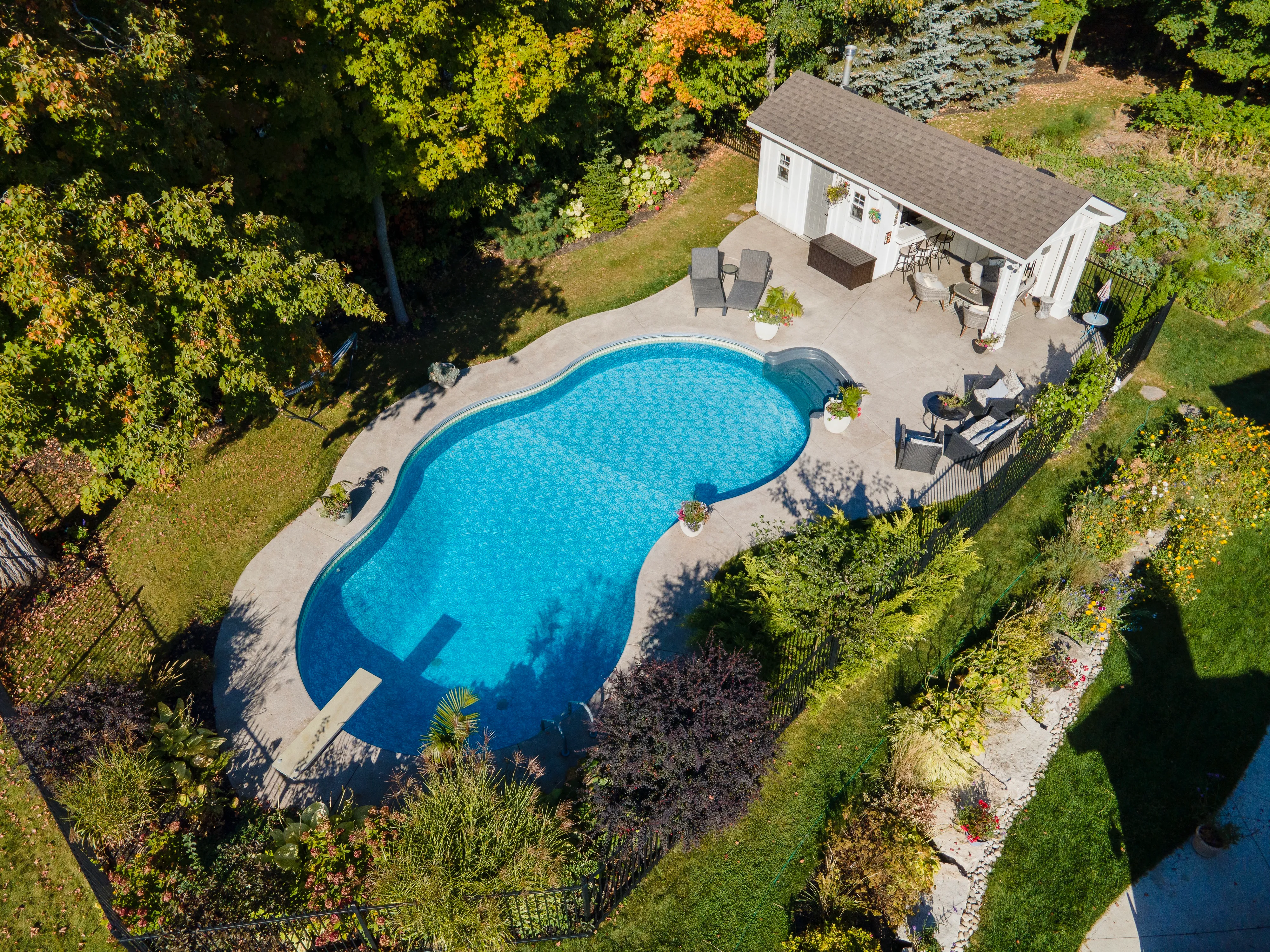 Aerial view of a Waterloo Region neighbourhood pool — Aquascapes Recreational Contractors