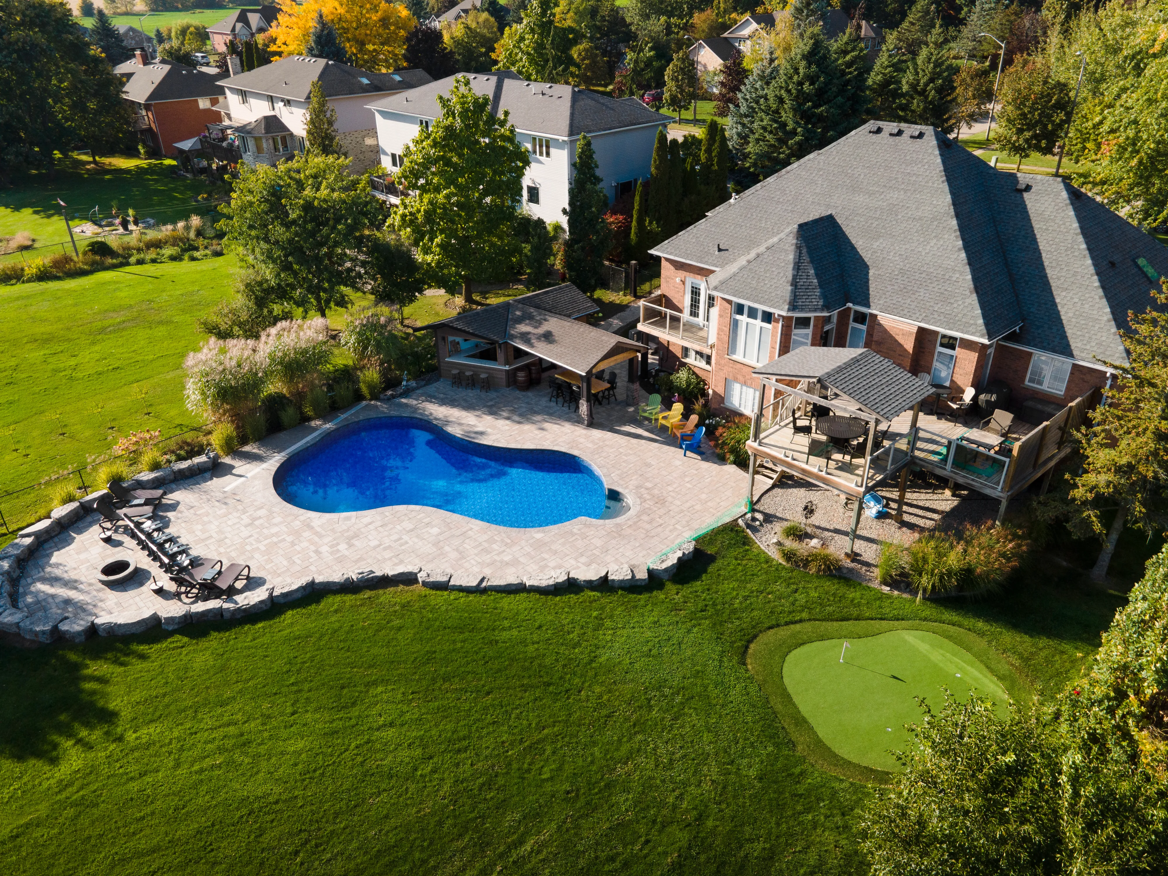 Aerial view of a custom pool in a Waterloo Region neighbourhood — Aquascapes Recreational Contractors