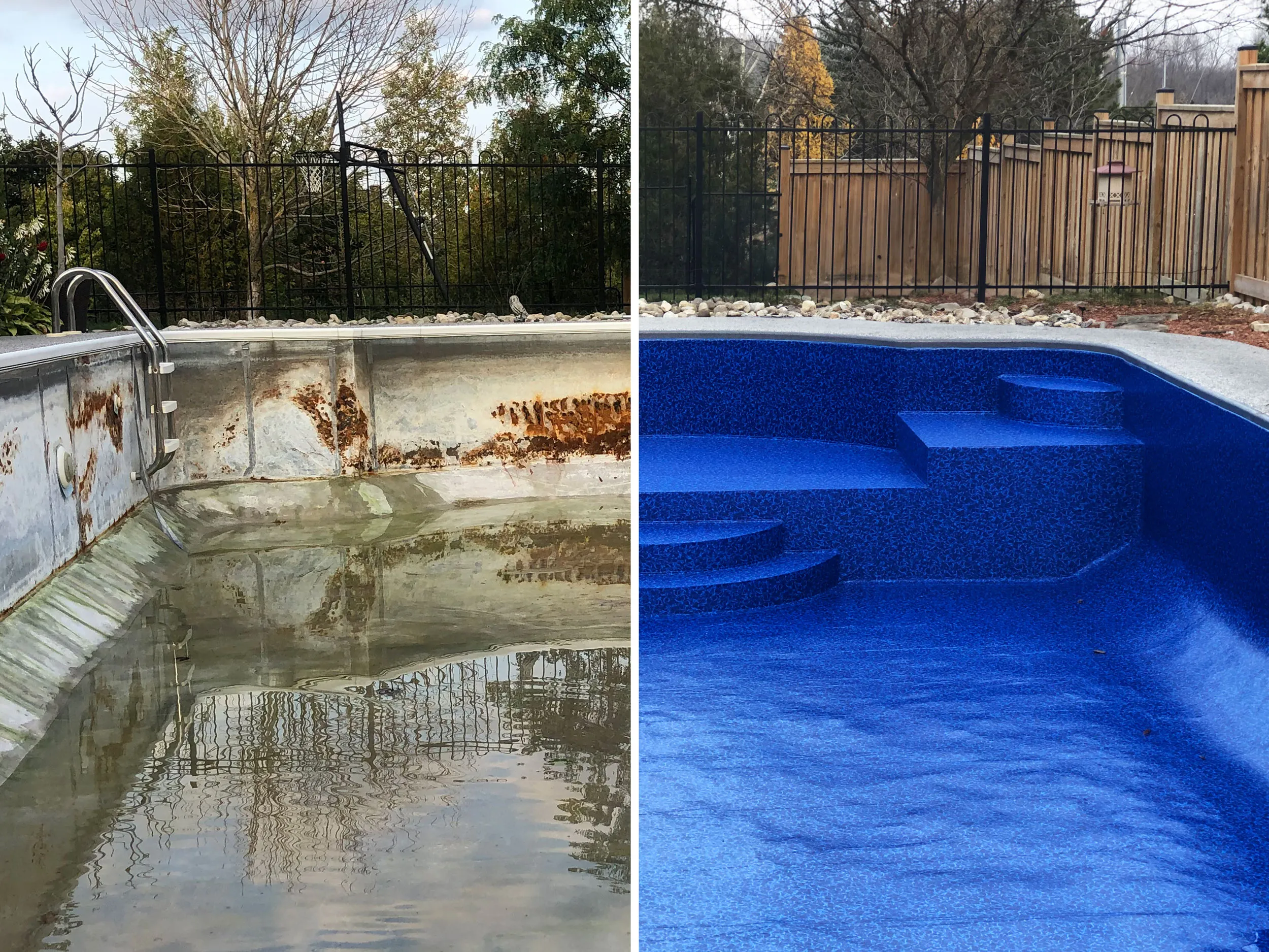 Pool liner replacement before and after — Aquascapes Recreational Contractors, Waterloo Region