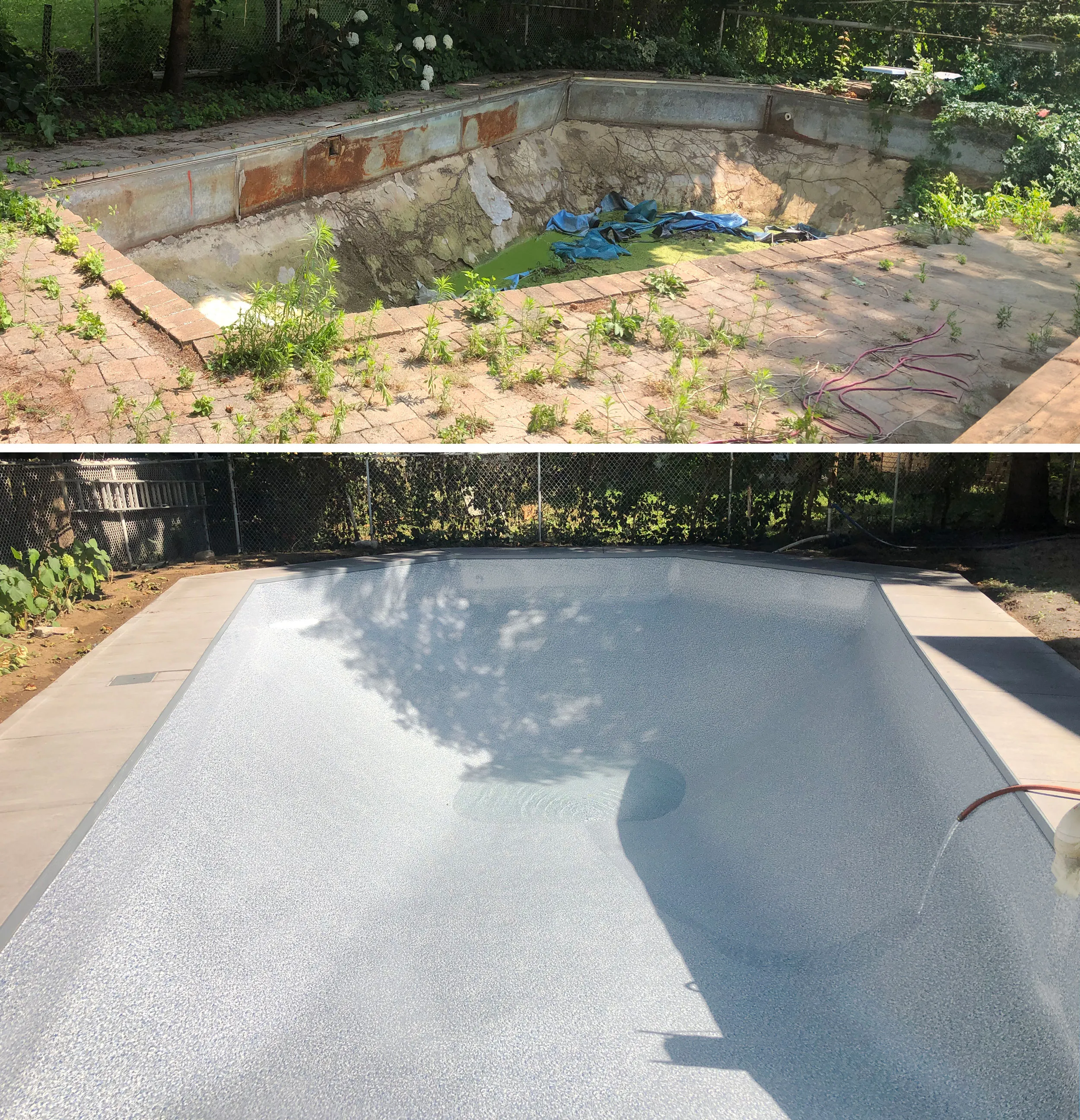 Pool renovation completed in Waterloo with new concrete deck, interior wall restoration, and Crystal Quartz liner by Latham, Aquascapes Recreational Contractors